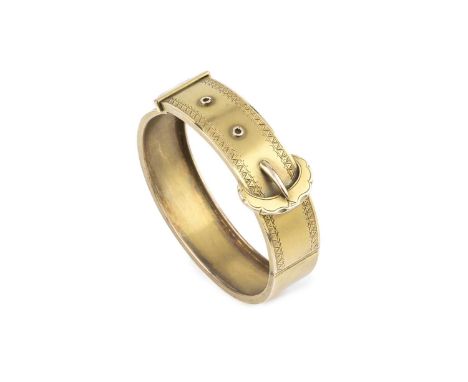 A Victorian gold bangle, of hinged oval form and bloomed finish, designed as a belt buckle, with engraved borders and integra