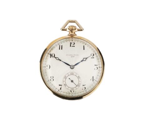 A 9ct gold open face pocket watch, the engine-turned silvered dial with black Arabic numerals and subsidiary seconds dial, si