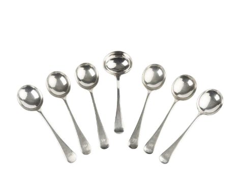 A set of six George V silver old English pattern soup spoons, by Walker &amp; Hall, Sheffield 1921, and a George III silver s