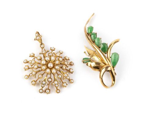 A half pearl star brooch/pendant, stamped '15C', with detachable pendant fitting and later detachable brooch fitting, (half p