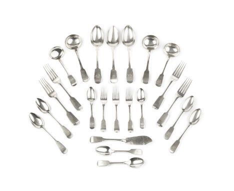 A matched service of Victorian silver fiddle pattern flatware, comprising 5 table spoons, 6 table forks, 6 dessert spoons, 6 