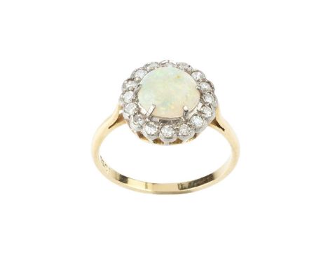 An opal and diamond cluster ring, the slightly oval cabochon opal claw set within a border of single-cut diamonds, two colour