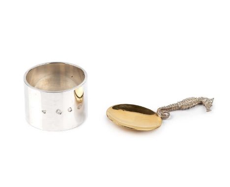 A modern silver-gilt caddy spoon, the handle in the form of a seahorse, maker's mark E.S.B, London 1998, 9cm long, and a heav