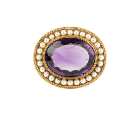 A 19th century amethyst and half pearl cluster brooch, the oval mixed-cut amethyst collet set within a row of half pearls, ed