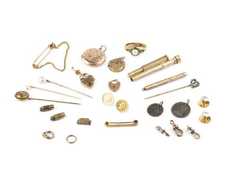 A collection of antique and later jewellery, including a yellow topaz single stone stick pin, a 9ct gold locket pendant, engr