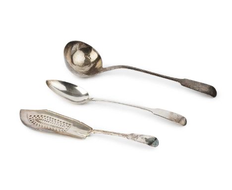 An early Victorian silver fiddle pattern fish slice, with pierced blade by Mary Chawner, London 1837, together with a William
