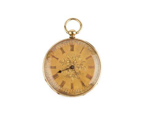 A 19th century open face pocket watch, the three colour dial with Roman numerals and floral engraved decoration, to a similar