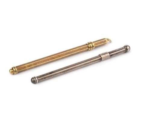 A gold swizzle stick, with engine turned decoration, the suspension ring stamped 585, 8.5cm long, 6.5g, and a similar silver 