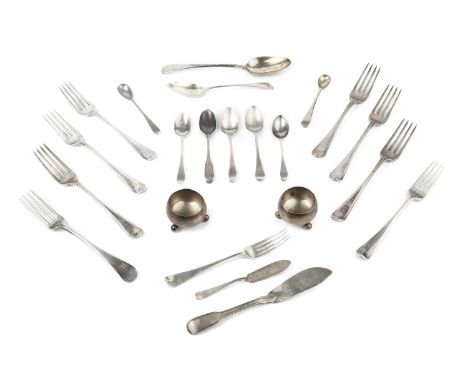 A set of six George III silver old English thread pattern table forks, by Solomon Hougham, London 1810 and 1818, assorted mai