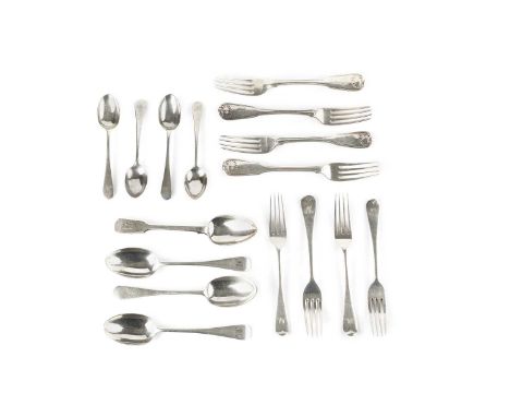 A matched part service of silver old English pattern flatware, comprising 24 dessert forks, 3 dessert spoons, and 8 teaspoons