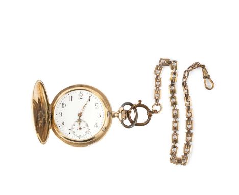 A hunter pocket watch, the white enamel dial with black Arabic numerals, subsidiary seconds dial and scrolled hands, to a key