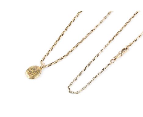 Two yellow precious metal fancy-link chains, of matched design, the longest stamped '9CT', and a gilt metal locket pendant, w