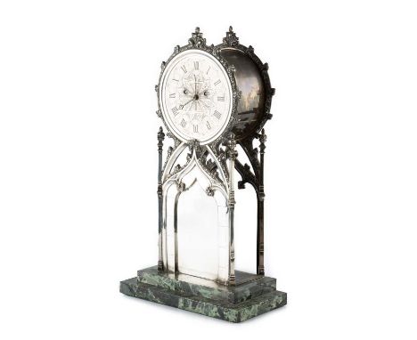 An early Victorian silver mantel clock, the drum head on gothic arch supports edged with stylised foliage, the platform balan