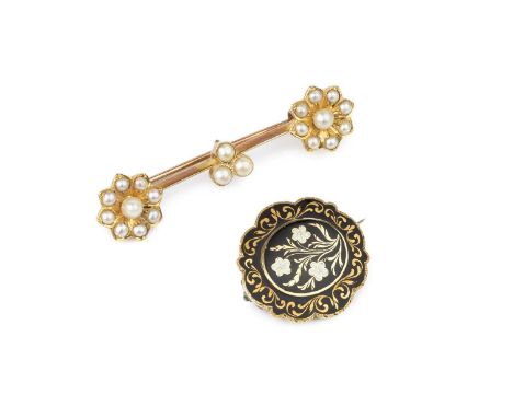 A collection of antique and later jewellery, comprising a 19th century enamel memorial brooch, heightened with a floral spray