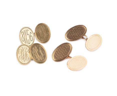 A pair of 9ct gold cufflinks, the oval panels with engine-turned decoration, on chain-link fittings, hallmarked for London 19