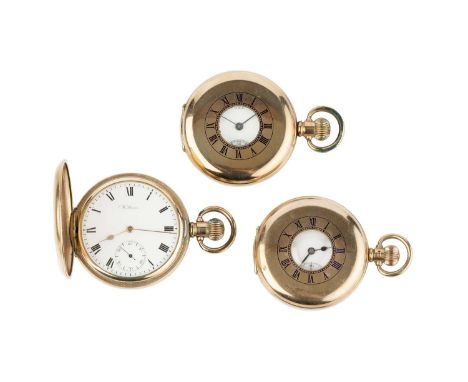 A 9ct gold half hunter pocket watch, the white enamel dial with Roman numerals and subsidiary seconds dial, to a keyless wind
