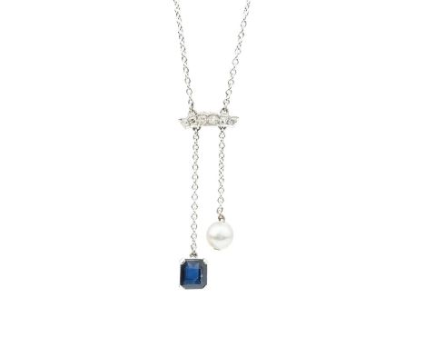 A diamond, sapphire and pearl negligée pendant necklace, the single-cut diamond set coronet panel suspending two graduated dr