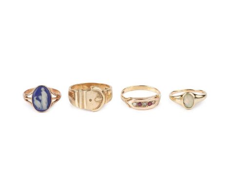 A collection of dress rings, comprising a 9ct gold buckle ring, a Wedgwood cameo ring, 9ct gold mounted, and two stone set ri