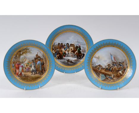 A set of three 19th century Sevres porcelain cabinet plates, Napolion a Eylau 1807 (S 65), Bonaparte à Arcole 1796 (S 65), an