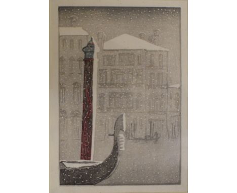 A Yoshijiro Urushibara colour woodcut, Gondola Post: Venice in the Snow, Connaught Galleries stencil verso
Note: With Elizabe