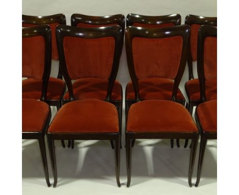 PAOLO BUFFA (1903-1970) - A set of 8 walnut dining chairs circa 1940 with recent velvet upholstery, height 98cm. Good conditi