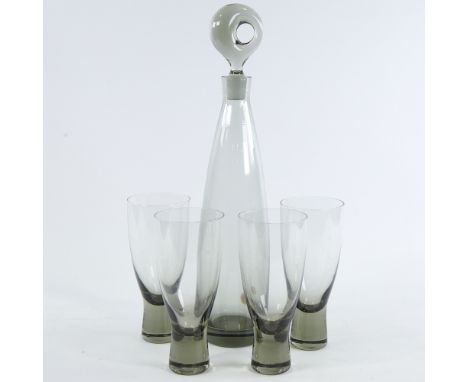 PER LUTKEN (1916-98), FOR HOLMEGAARD, SWEDEN, a mid-century "Artisokrat" smoked glass decanter and 4 "Canada" glasses, decant