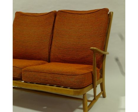 ERCOL, mid-century Windsor 2 seater sofa, with web back and seat, original orange/brown fabric, H 92cm x W 130cm.Some signs o