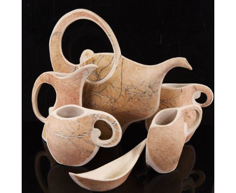 GORDON COOKE (b 1949) studio pottery porcelain tea set, hand built altered forms, impressed makers mark to base, teapot heigh