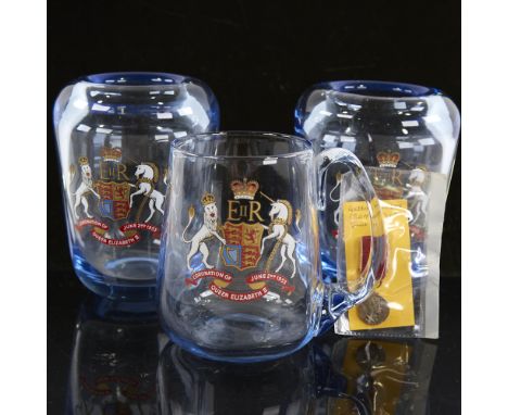 WILLIAM WILSON FOR WHITEFRIARS, 3 pieces of 1953 coronation commemorative wear, 2 thick walled sapphire glass vases, a tankar