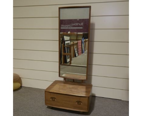 ERCOL cheval mirror, with single drawer under and glass shelf to interior of drawer, H152cm W66cm D50cm.Water marks and scrat