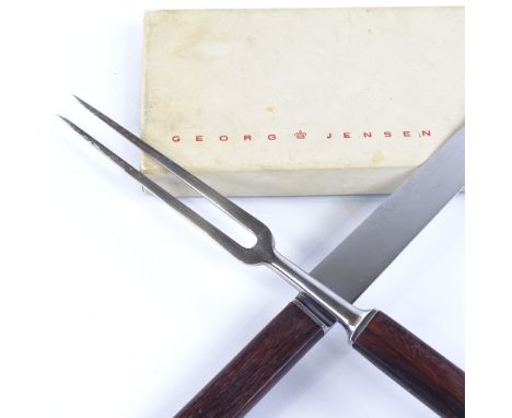 GEORG JENSEN, stainless steel carving set with wooden handles in original box, knife length 36.5cm.Good condition, light surf