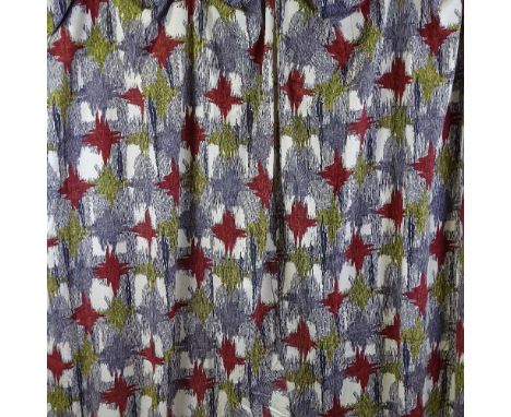 A pair of mid-century barkcloth curtains, with abstract design, 161cm x 110cm.Webbing for curtain track and cotton backing.  