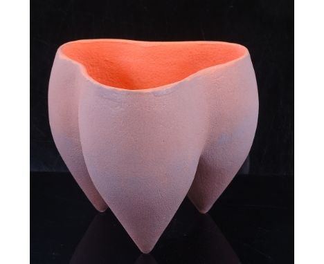 DEANA MOORE, BRITISH, studio pottery vessel in tripod form, orange glaze with blue overlay and orange interior, monogram, hei