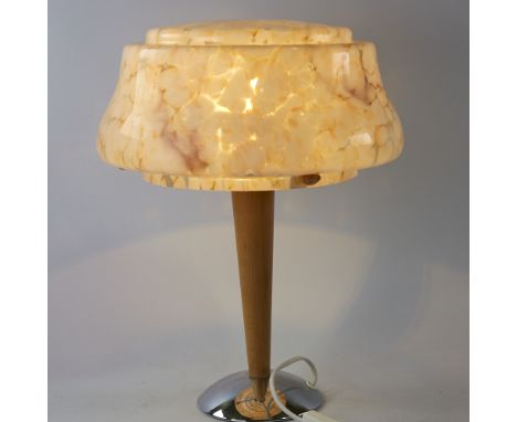 SCANDI-FRANCAIS LUMIERE ET GLASS, table lamp with 1930s' English glass shade in peach, gold and white glass, on wood stem, he