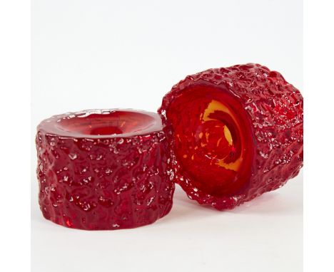 GEOFFREY BAXTER FOR WHITEFRIARS, a pair of mid century ruby glass candle holders, diameter 8cm.Good condition, some small chi