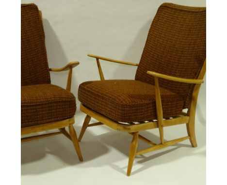 ERCOL, a pair of mid-century Windsor armchairs, web seat and back, with original fabric, H 92cm x W 67cm.Good used condition.