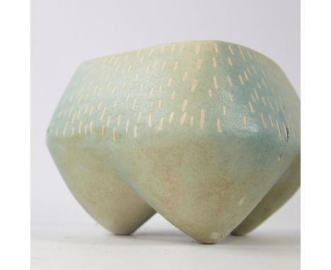 DEANA MOORE, BRITISH, studio pottery stoneware vessel of tripod form turquoise glaze, incised decoration with white interior,