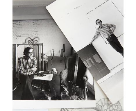 DERRY MOORE (b 1937), 2 vintage photographs of Robyn Denny in his studio and a shell sketch on headed paper, 38cm x 30cm, unf