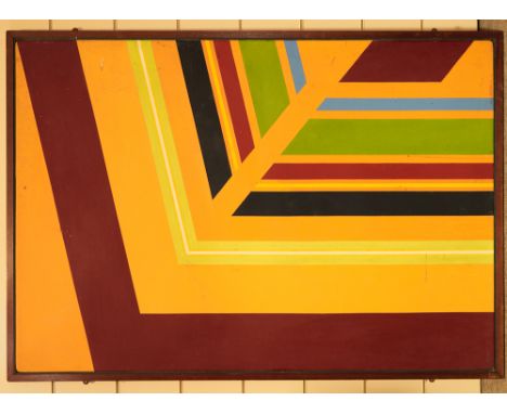 DOUGLAS EARLE, BRITISH, large oil on canvas, laid on board, geometric patterns, signed verso, 102cm x 147cm, framed.In origin