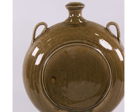 CLIVE DAVIES, BRITISH, 1980s' large studio pottery ash glazed moon flask, impressed makers mark, height 38cm.Good condition, 