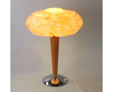 SCANDI-FRANCAIS LUMIERE ET GLASS, table lamp with 1930s' English shade in marbled peach and white glass, on wooden stem, heig