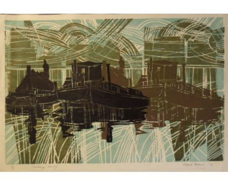 AR Robert Barnes (born 1947), "Coalbarge convoy", coloured lithograph, signed, dated 73, numbered 4/15 and inscribed with tit