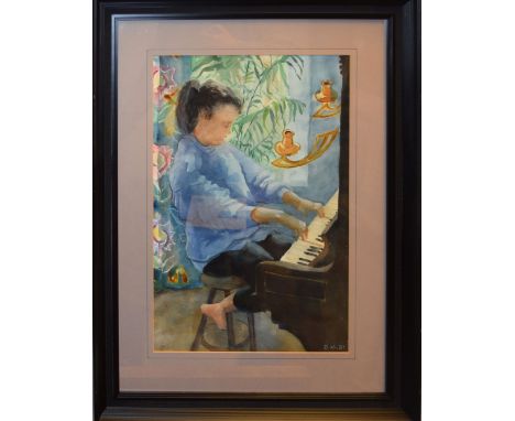 AR Dorothy Morton (1905-1999), Portrait of a young girl at a piano, watercolour, initialled and dated 91 lower right, 51 x 33