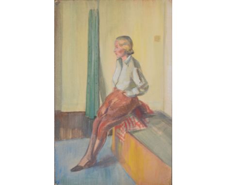 Modern British School (20th century), Portrait of a lady seated on a bath, oil on card, 43 x 26cm, unframed   