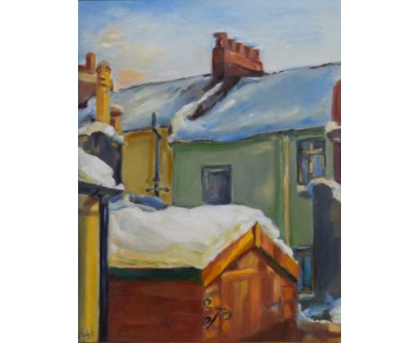 E Griggs (20th century), House in winter, oil on board, signed lower left, 44 x 24cm, together with a modern portrait indisti