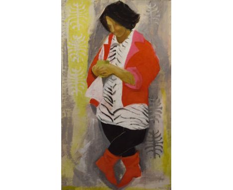 AR Dorothy Morton (1905-1999), Portrait of a lady in red boots, oil on board, signed and dated 86 lower right, 66 x 38cm   