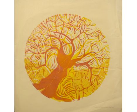 Joan Bloomfield (20th century), Tree, coloured lithograph, signed and dated May 74 in pencil to lower right, 42 x 42cm, unfra
