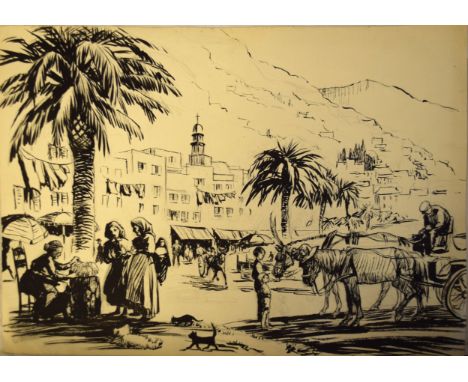 AR Elsie K Simpson-Powell (1895-1975), Town scene with figures, pen, ink and wash, 27 x 38cm   