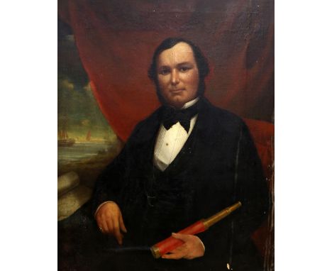 19th century portrait of a gentleman holding a telescope with  a galleon in the back ground, unsigned oil on canvas 90cm x 70