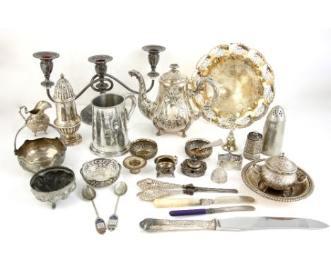 Small group of silver plated items to include a napkin ring, candelabra, spoons, silver-mounted carving set, etc.   